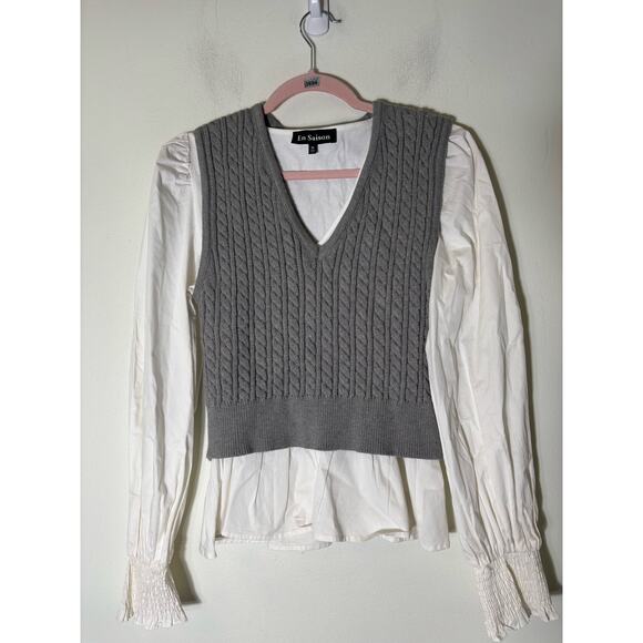 En Saison White Cotton V Neck Blouse w Gray Swater Vest Sz M (2 Pieces) - Picture 1 of 3